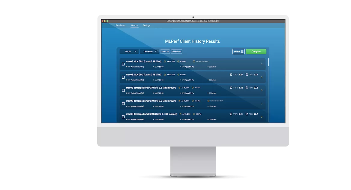 Advanced AI software interface showcasing MLPerf benchmarking with Llama 2 integration