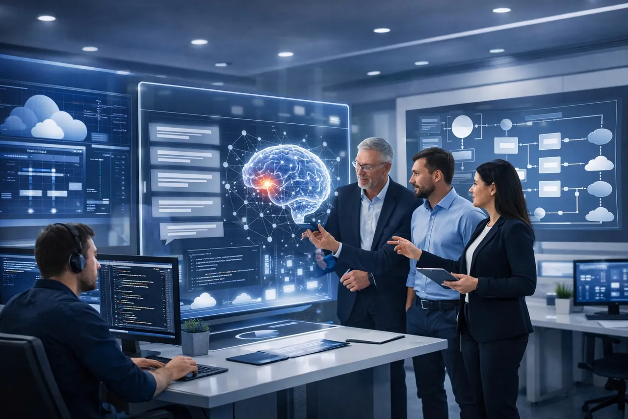 ai-strategy enterprise AI development environment with software engineers, data scientists, and business leaders collaborating around a large language model interface, neural network visualization, code screens, cloud infrastructure, and AI workflow diagrams