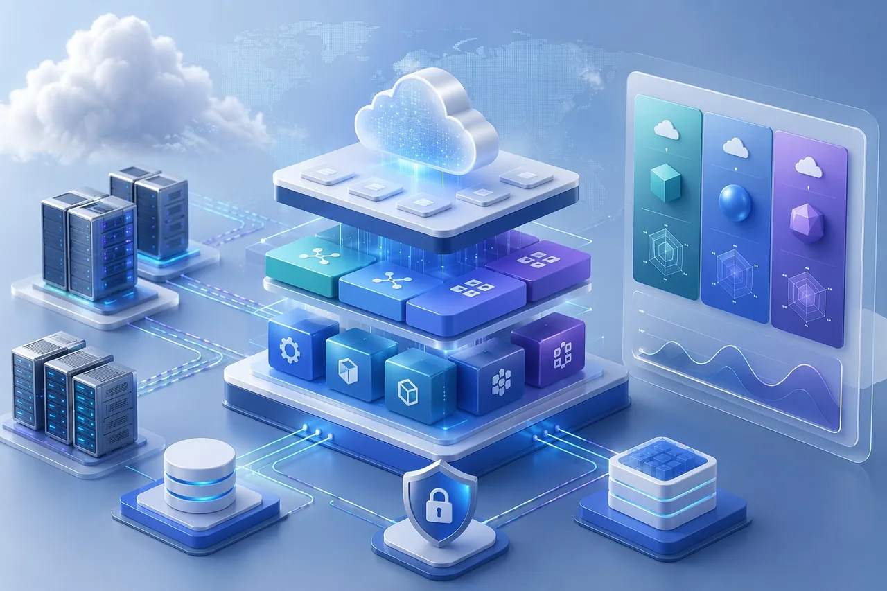 cloud-solutions cloud technology style, showing a structured cloud application architecture with connected server clusters, API layers, modular software components, secure data flows, and a subtle vendor comparison/dashboard concept