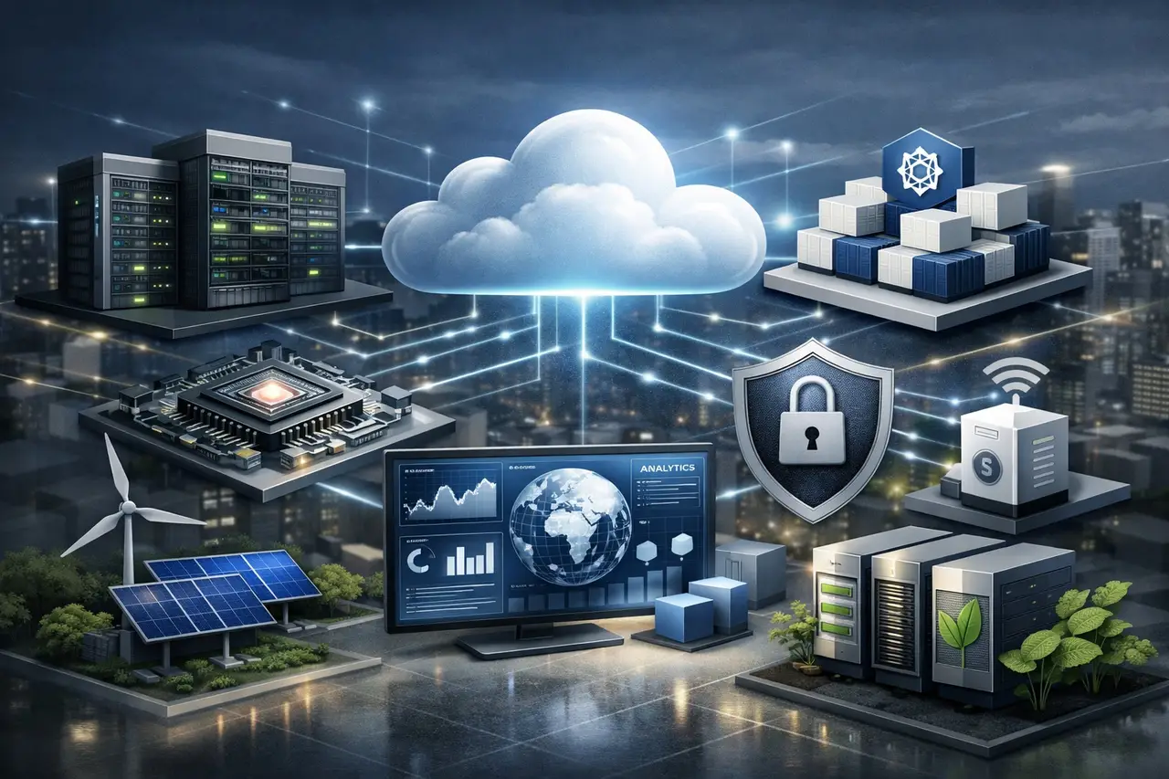 cloud-technology enterprise‑grade visualization of a futuristic cloud ecosystem that captures interconnected data centers, AI nodes, Kubernetes containers, edge devices, security shields, analytics dashboards, and sustainability elements in a clean, strategic style. It uses blue, white, and subtle green tones with soft lighting to emphasize innovation and clarity, making it ideal for a CTO‑level audience