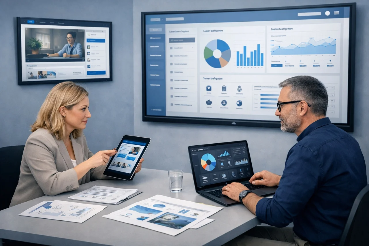 data-analytics EdTech product development environment. It captures software engineers, UX designers, and education specialists collaborating around digital learning platform interfaces, LMS dashboards, mobile learning screens, accessibility features, and analytics visualizations