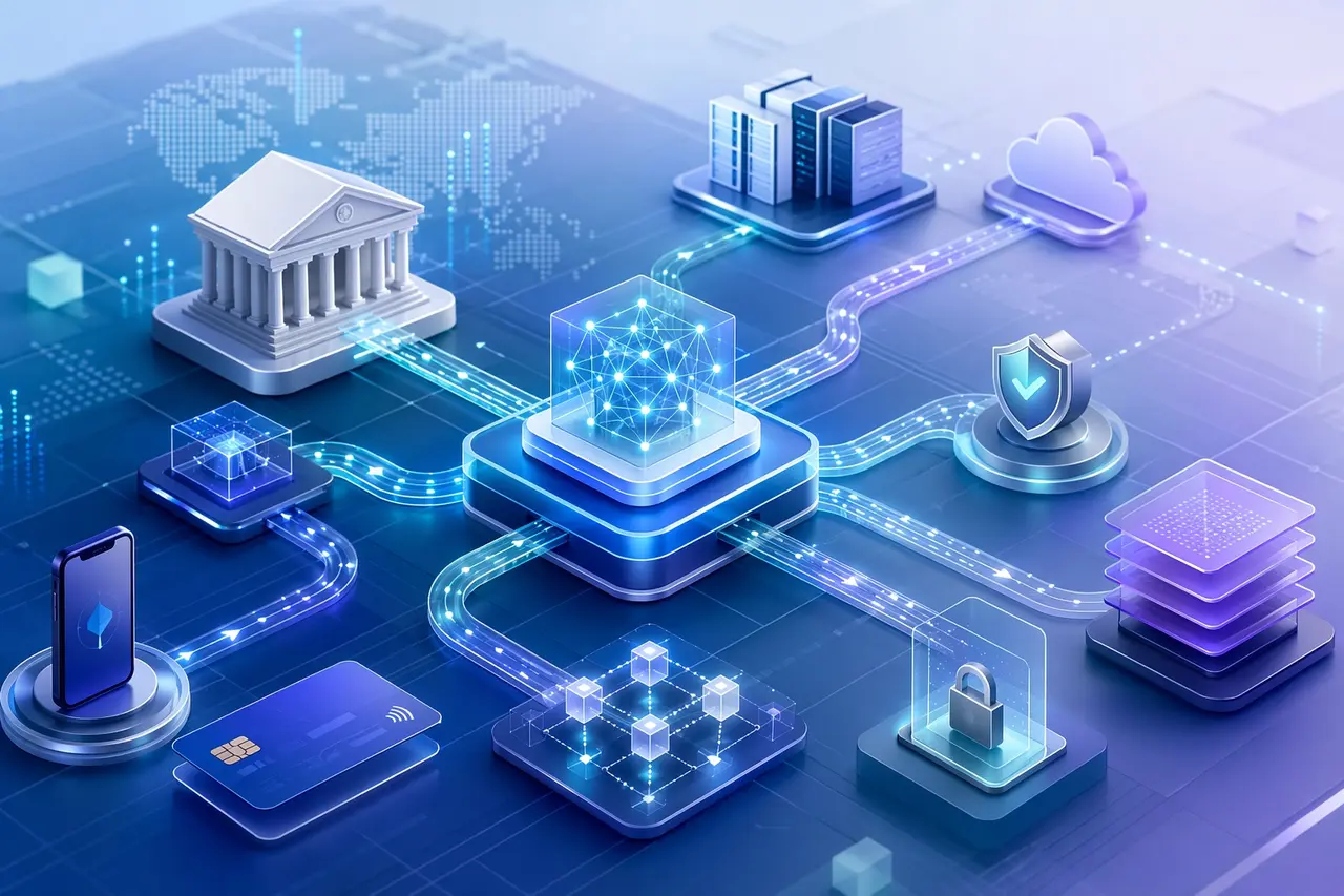 abstract digital transformation ecosystem with connected business systems, AI nodes, cloud infrastructure, cybersecurity shields, data flows, automation layers, and modular software components