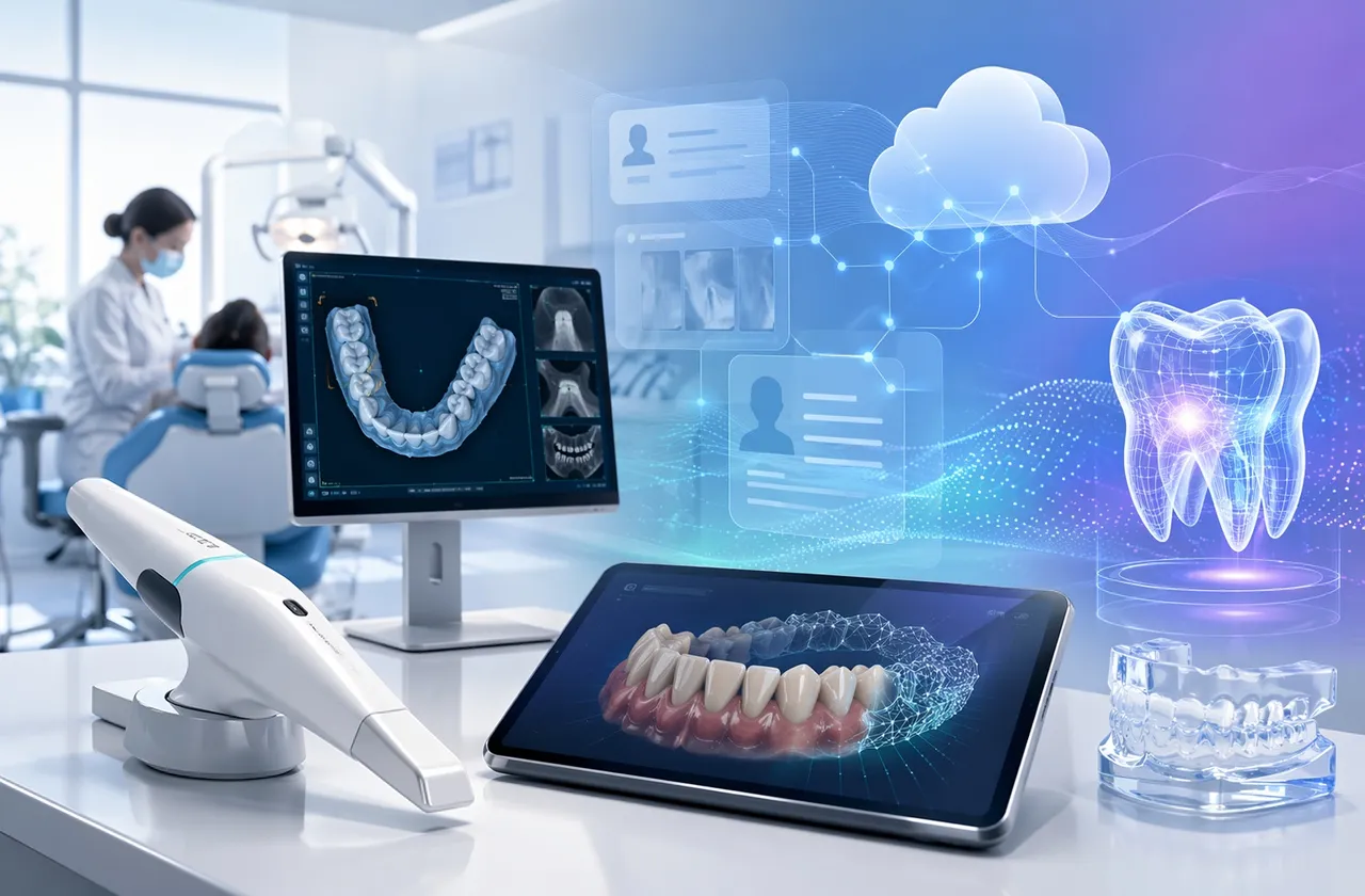 modern dental practice environment with abstract digital layers: AI-assisted dental imaging, intraoral scan visuals, connected patient records, cloud practice management, and subtle 3D dental model elements