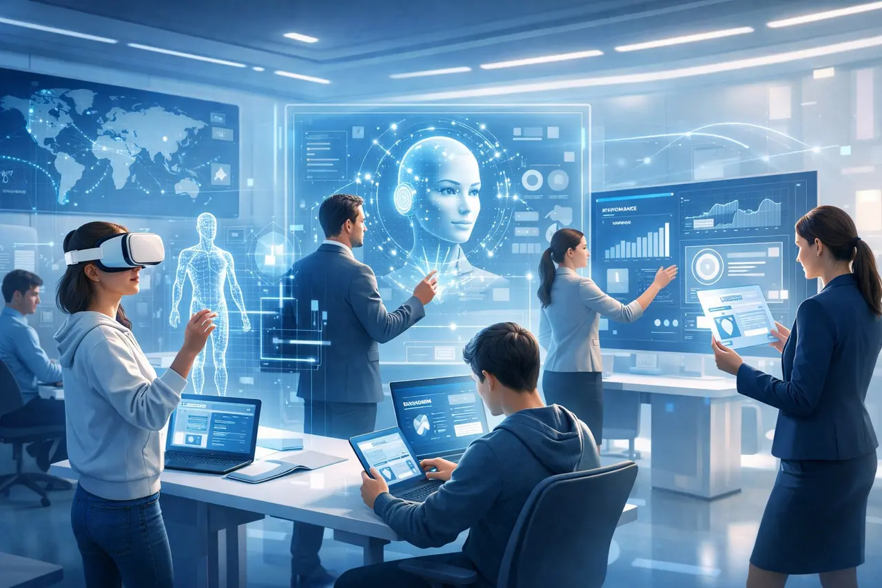 digital-transformation Futuristic digital learning ecosystem with students, educators, and professionals interacting with AI-powered learning dashboards, VR/AR headsets, adaptive assessment screens, digital credentials, and analytics visualizations.