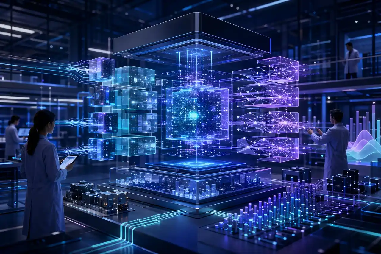 optimized-image (1) futuristic data intelligence lab where large translucent data cubes, glowing analytical models, and layered neural-map structures are being assembled into one central insight engine