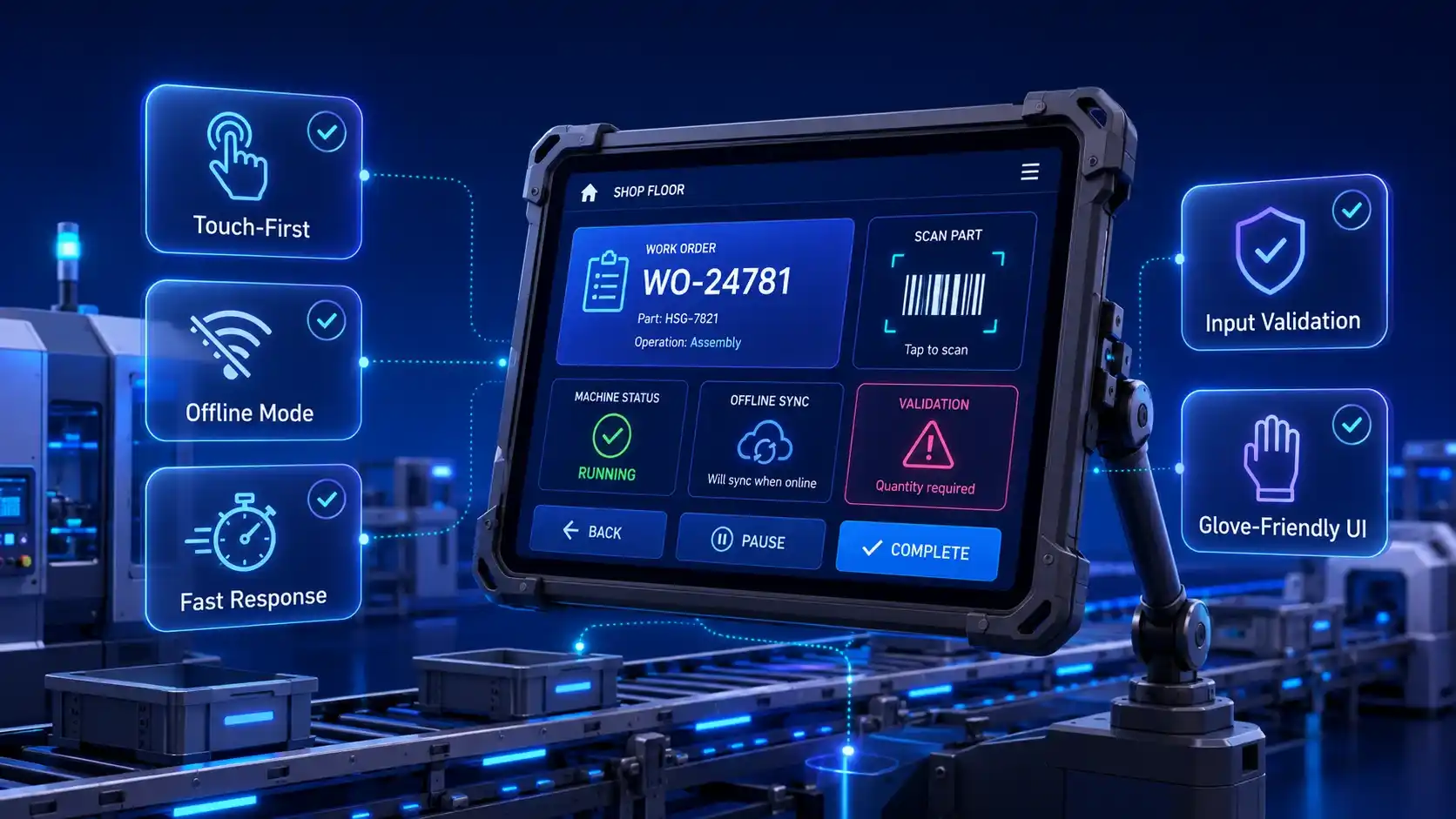 Rugged shop-floor tablet interface with checklist items for touch-first design, offline mode, validation, fast response, and glove-friendly usability.