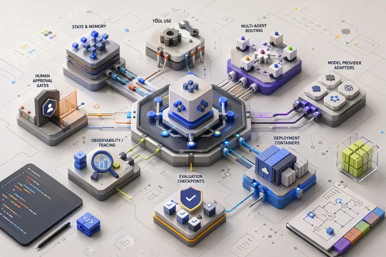 ai-architecture Code-first AI agent framework architecture showing orchestration, memory, tool use, multi-agent routing, evaluation, deployment, and production controls.