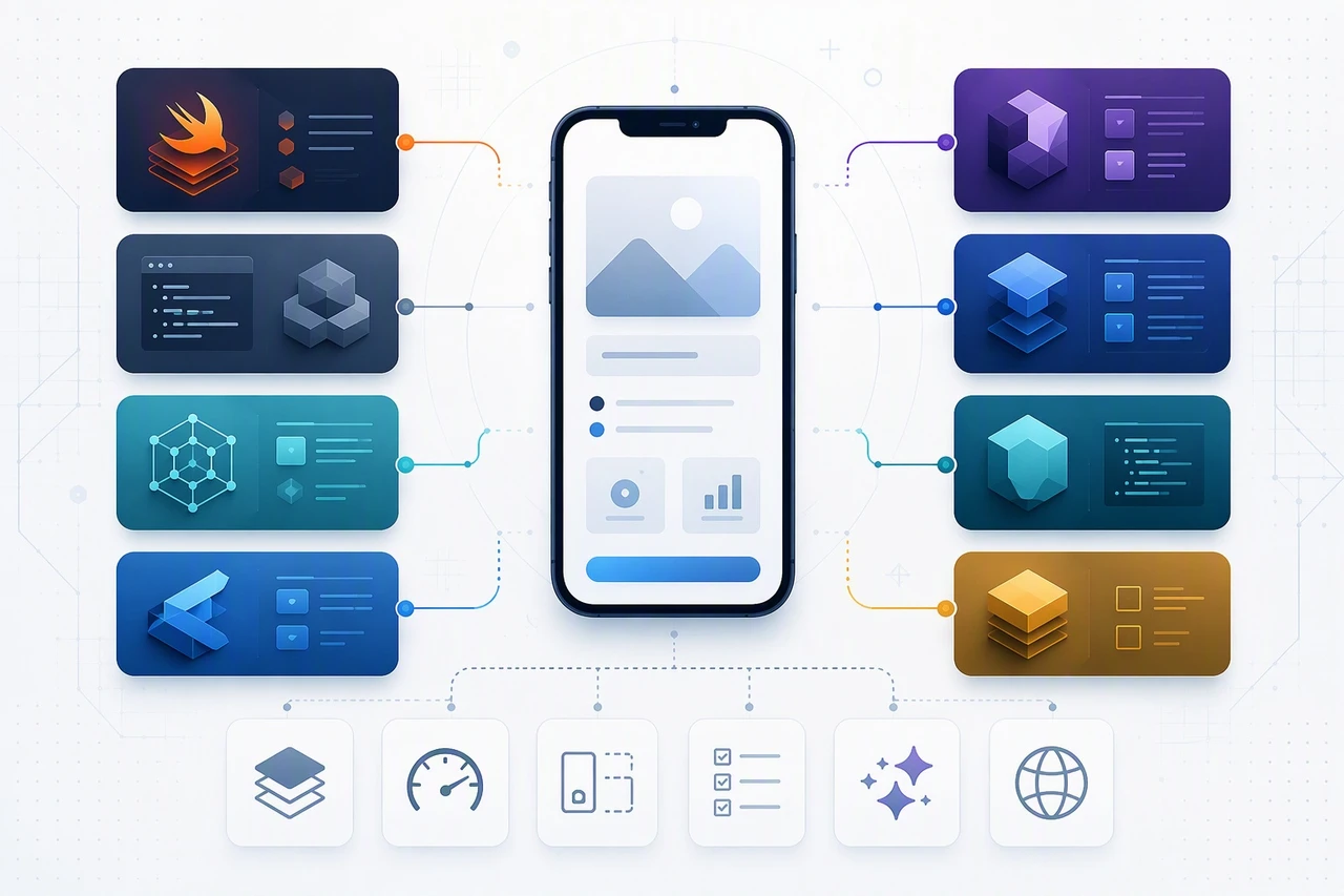 Best programming languages for iOS development illustration showing native and cross-platform mobile app technology options.