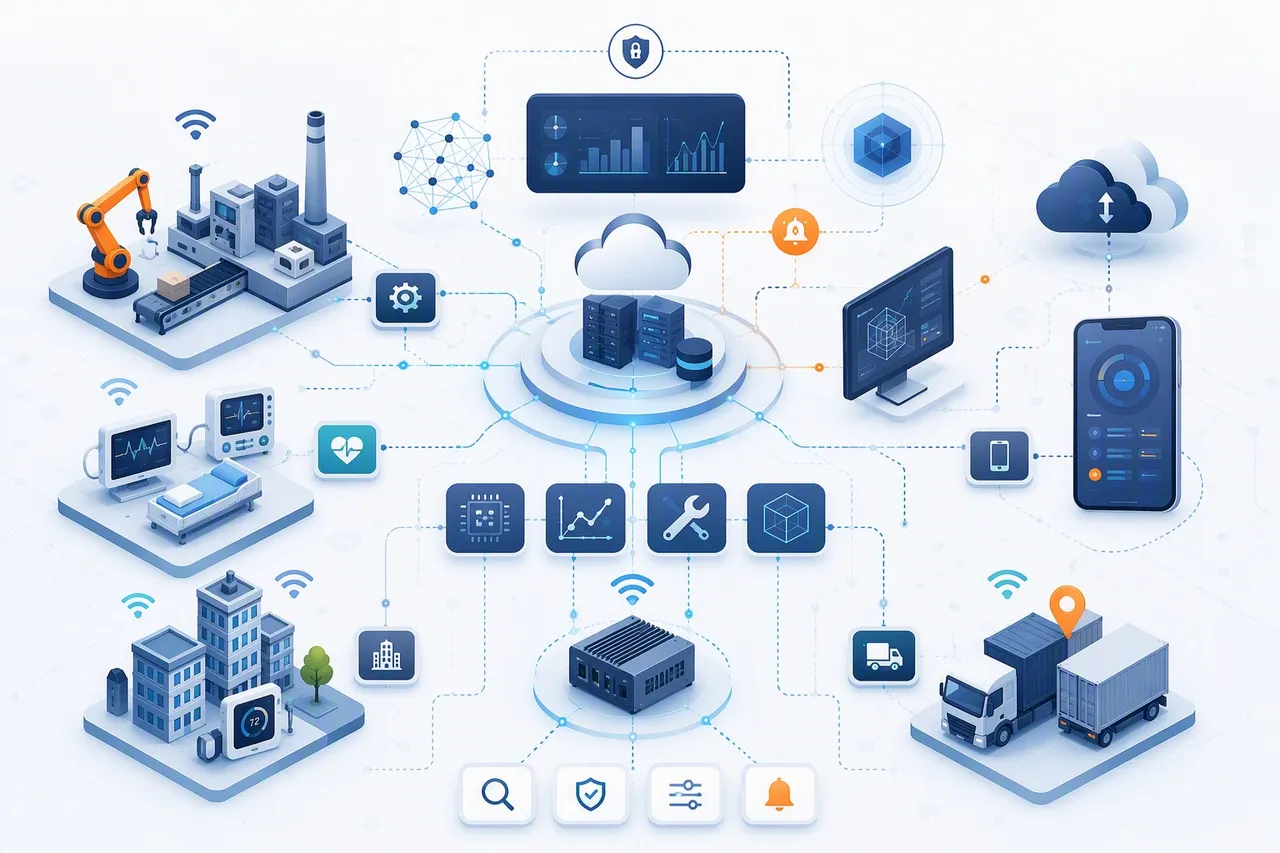 iot-ecosystem IoT industry trends illustration showing connected devices, edge computing, AI analytics, cloud integration, cybersecurity, digital twins, and real-time monitoring.