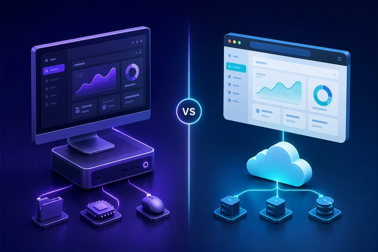 Desktop application connected to local hardware beside a cloud-connected web application in a browser.