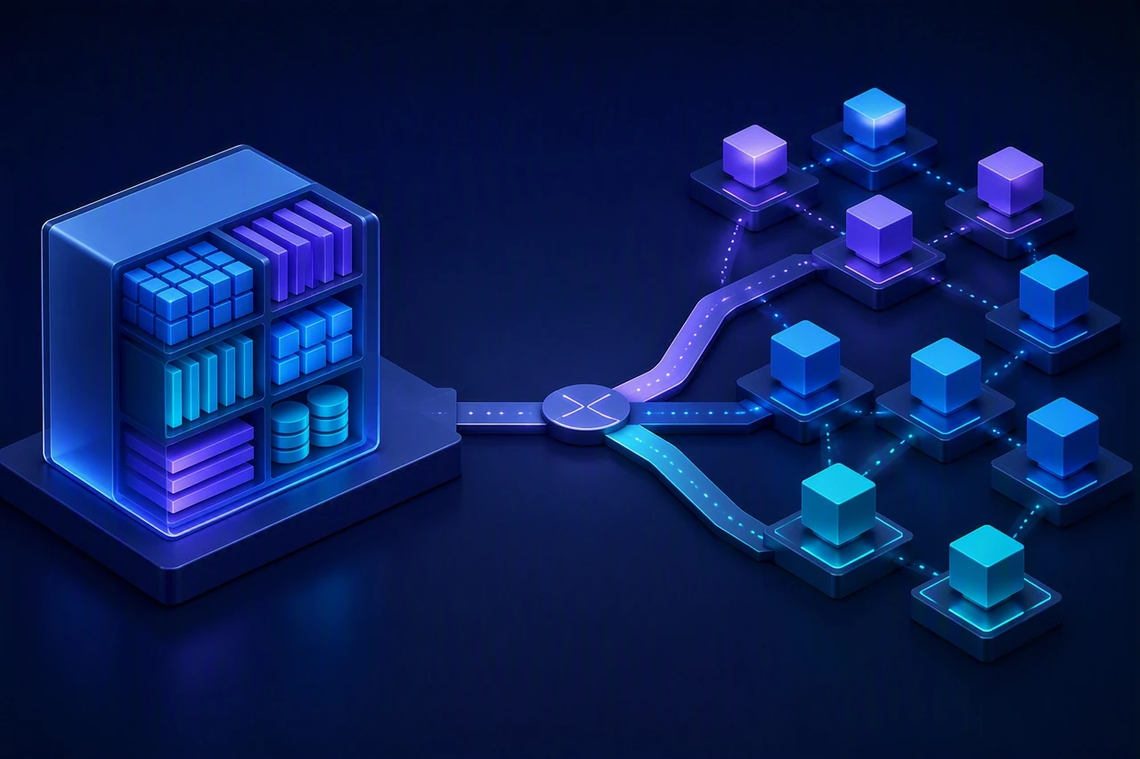 Abstract comparison of a modular monolith and connected microservices architecture.