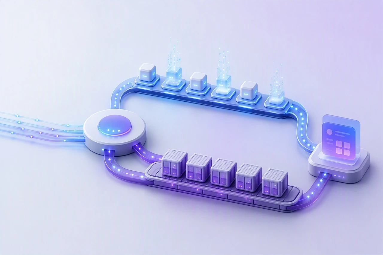 workflow-automation Cutaway computing system comparing on-demand serverless execution with persistent container workloads.