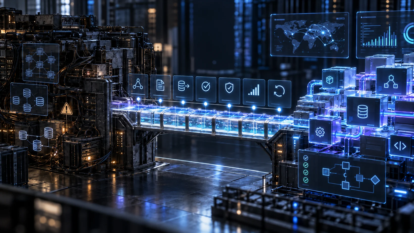 Legacy enterprise software architecture transitioning through a controlled modernization pipeline into modular cloud-ready applications with security, testing, data migration, and dependency-mapping elements.