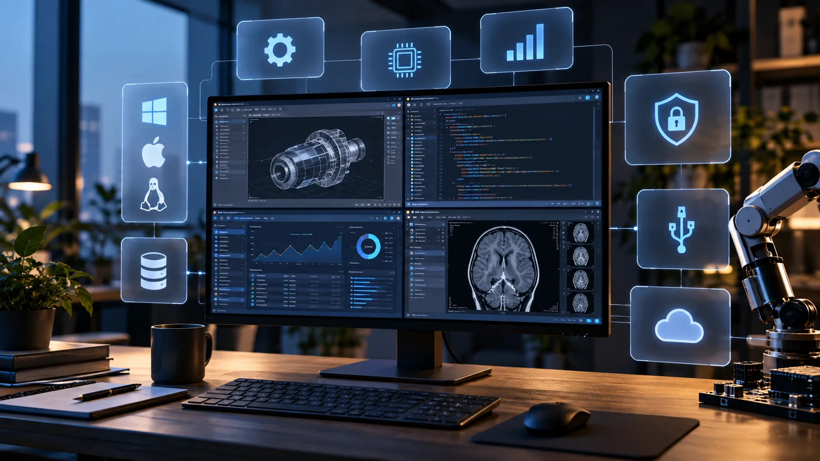 Desktop workstation displaying 3D modeling, analytics, code, and medical imaging software with security, device, and cross-platform integration icons.