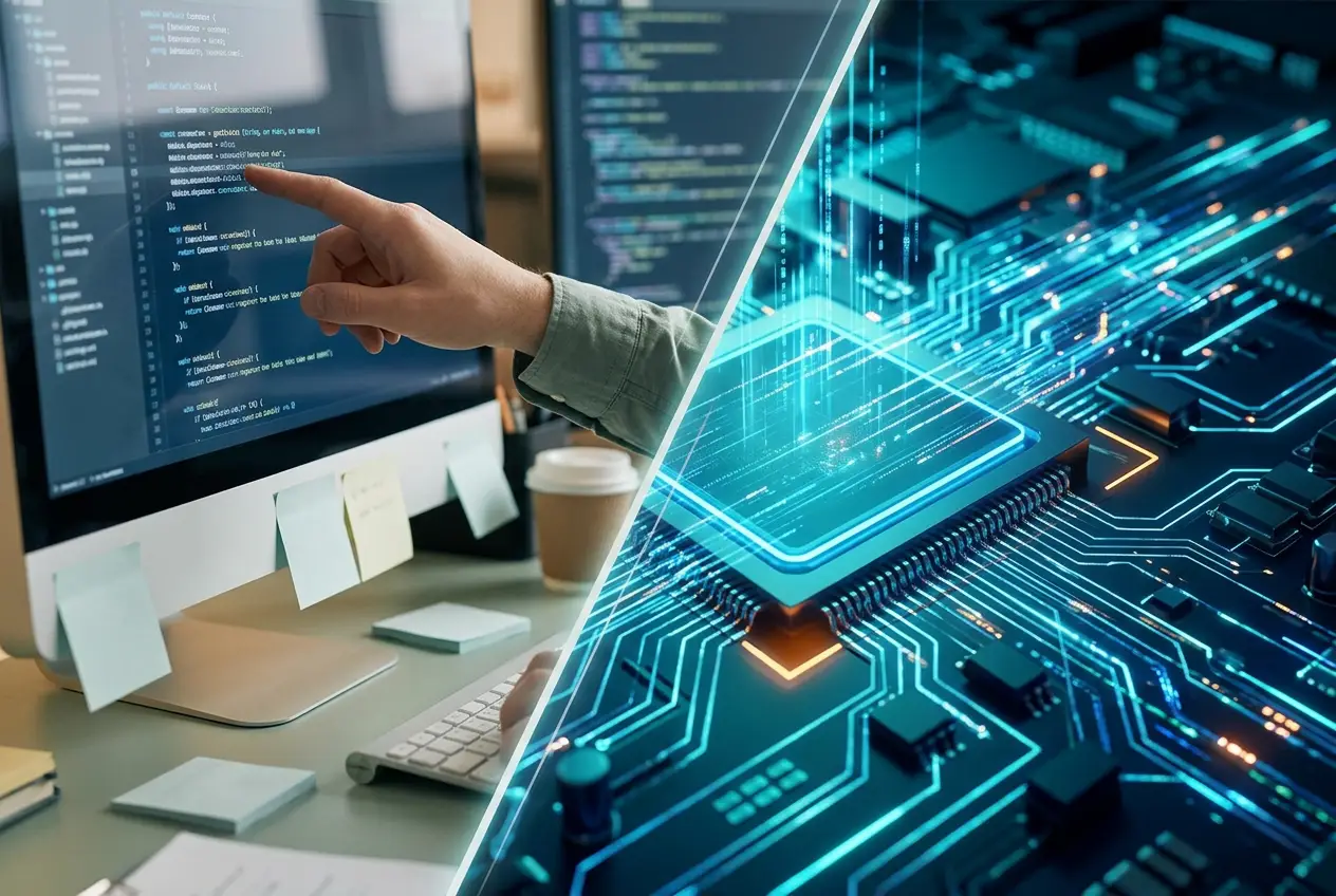 cover_1db386ca80 Split image comparing manual and automated testing. One side shows a human hand reviewing code, the other shows abstract data flowing over a circuit board.