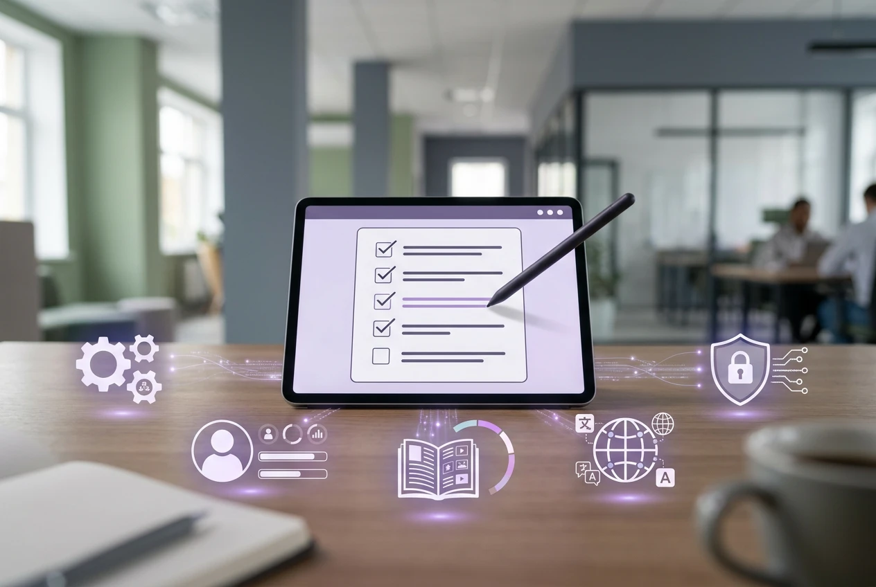 cover_3a48dc055b Digital tablet displaying a comprehensive LMS requirements checklist with icons for settings, users, content, localization, and security around it, symbolizing a structured approach to defining an LMS.