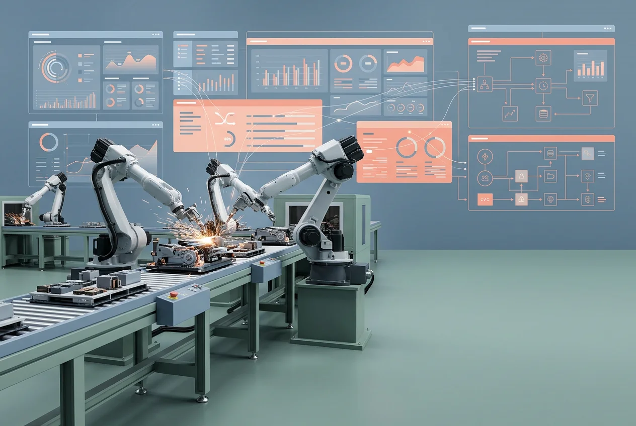 cover_91550994f2 Robotic arms on a manufacturing assembly line with a transparent digital overlay showing interconnected data dashboards.