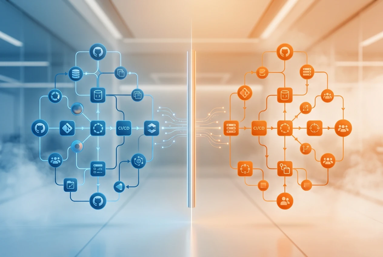 cover_9df63abf33 Abstract digital representation of two distinct software development platforms, one blue and one orange, with interconnected elements symbolizing code, pipelines, and collaboration, suggesting a comparison.