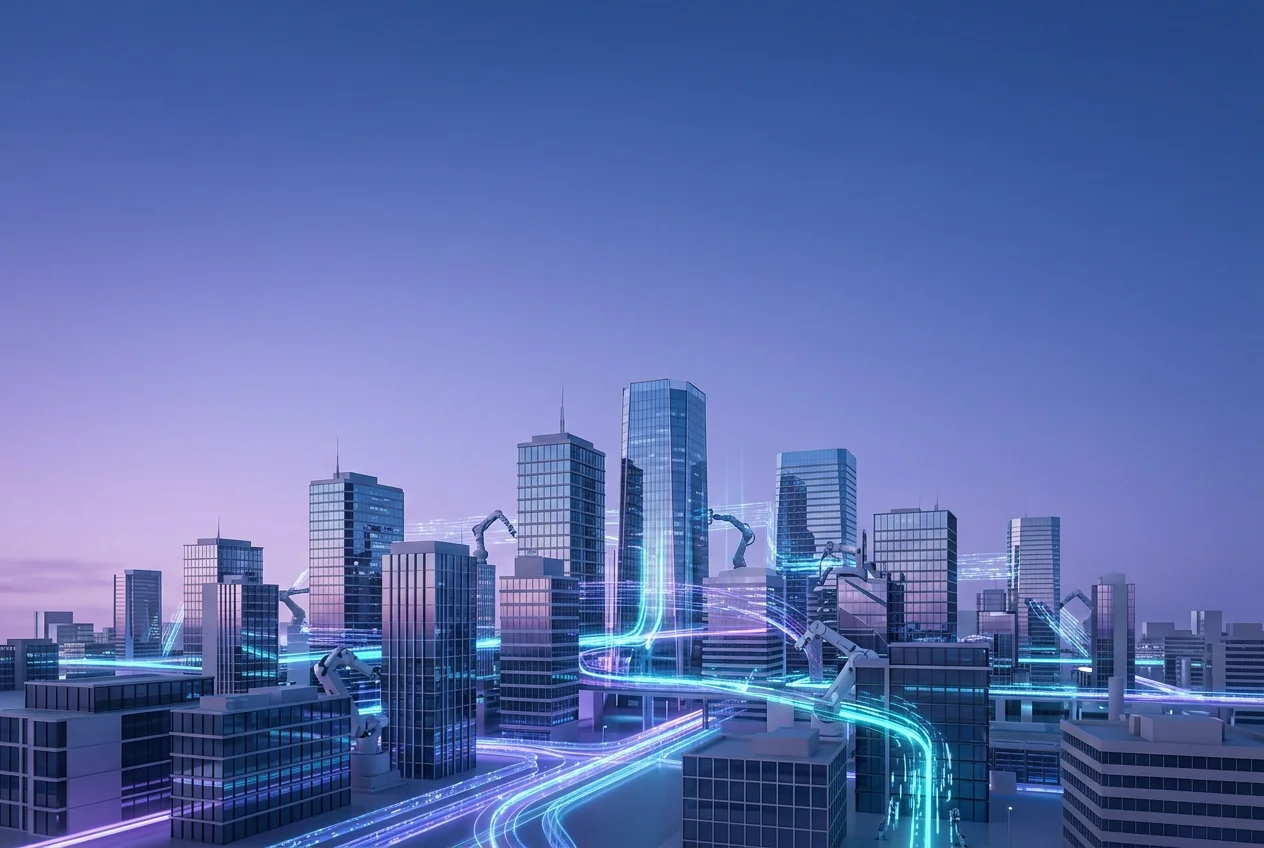 cover_c6ba6c102b Abstract cityscape with glowing data streams and subtle robotic elements, symbolizing interconnected digital processes and automation.