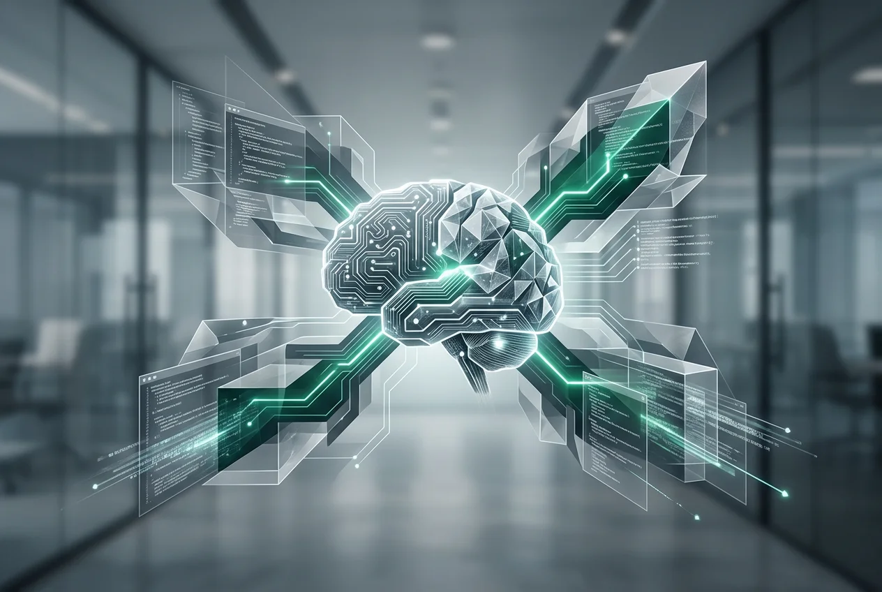 Abstract illustration of interconnected software development processes, with glowing lines of code and data flowing around a central AI brain icon, representing future trends.