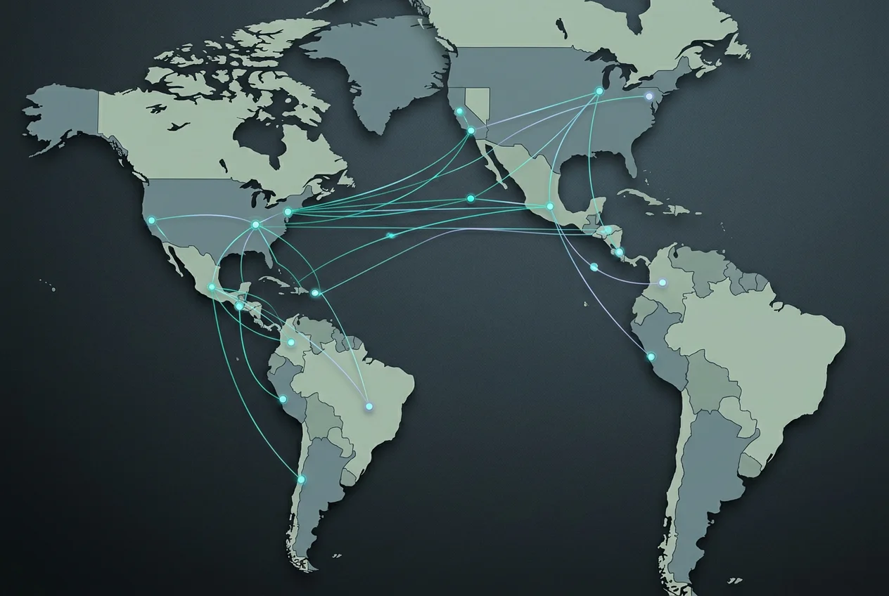 cover_5a1a6143cd Abstract world map highlighting North and South America with connecting lines, representing nearshore software development.