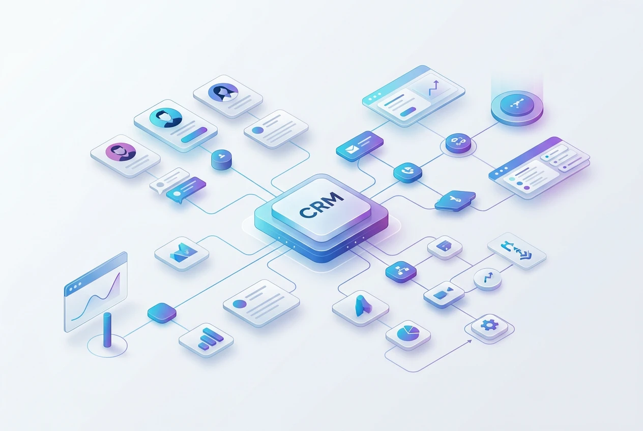 Abstract gears and circuits evolving from simple to complex, symbolizing CRM platforms adapting to startup growth stages.