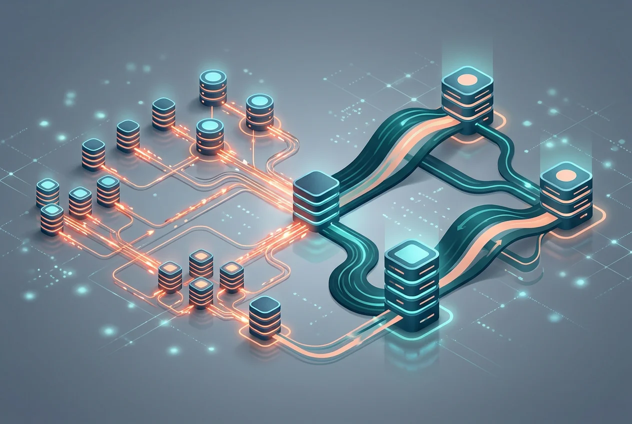 cover_939e550084 Abstract illustration showing different types of databases (operational and analytical) with data flowing in and out, connected by various pathways, representing diverse workloads and scales.