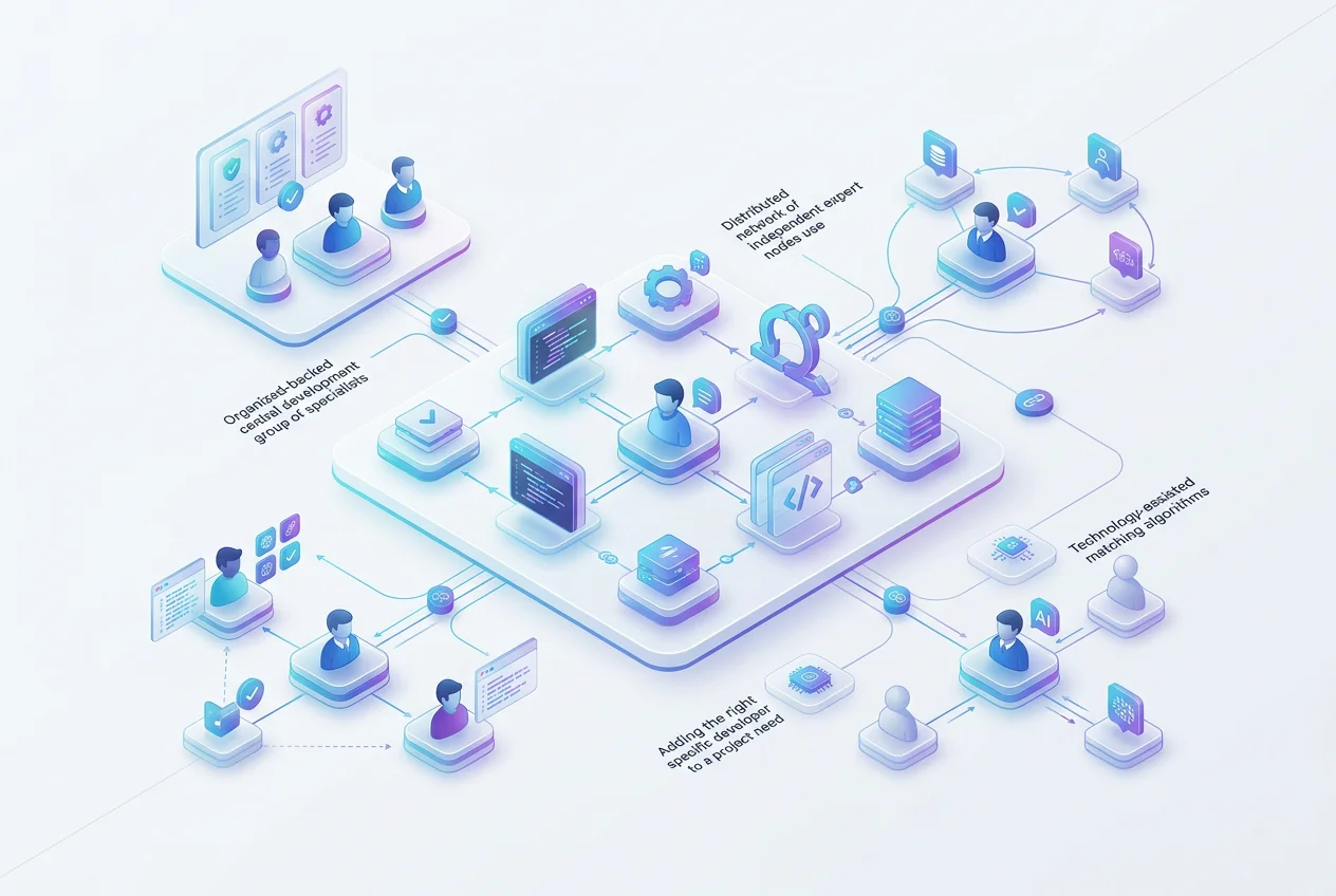 Diverse software developers seamlessly integrated into a global, high-tech team environment.