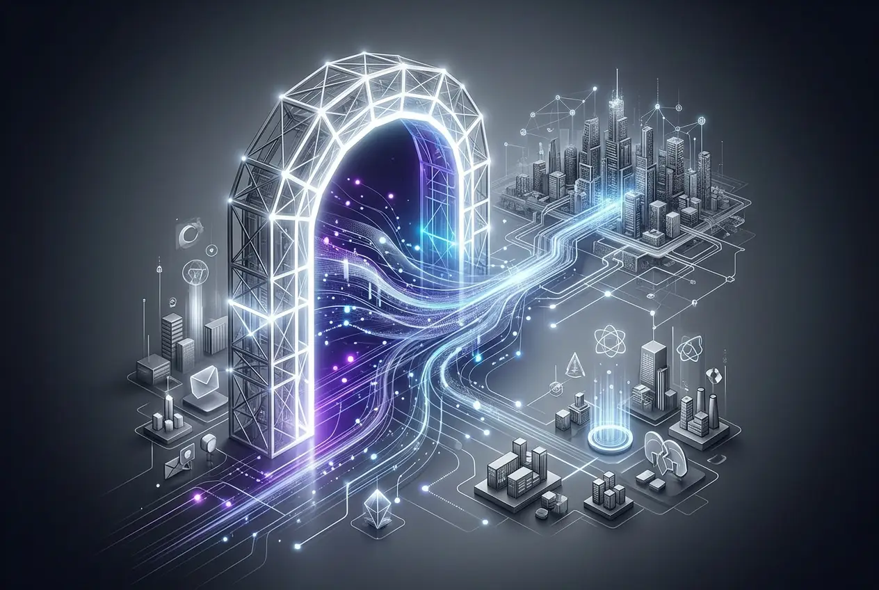 Digital archway representing a web portal, with data streams connecting to various business sectors in a futuristic cityscape.